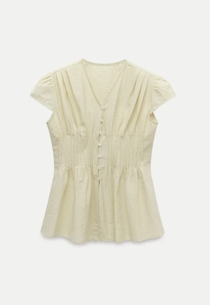 Women’s Pleated V-Neck Button Peplum Blouse