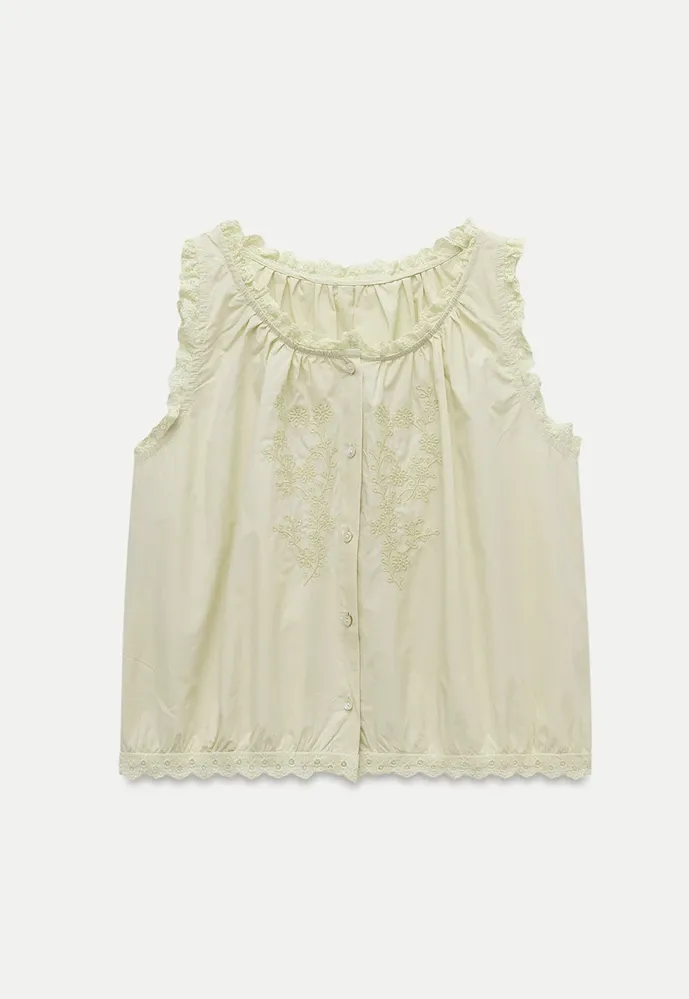 Women’s Lace Trim Floral Embroidered Button Sleeveless Blouse