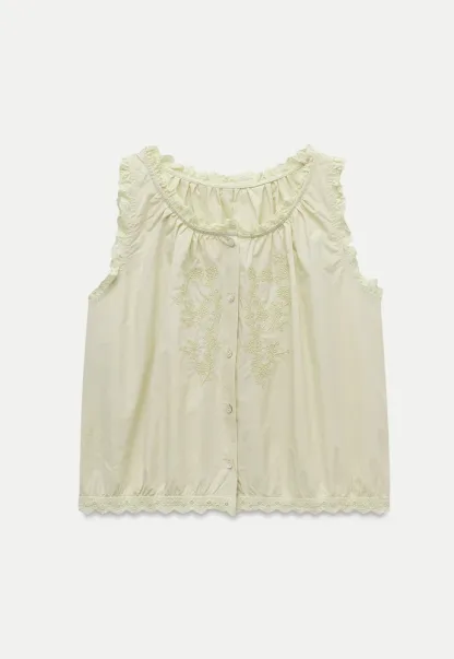 Women’s Lace Trim Floral Embroidered Button Sleeveless Blouse