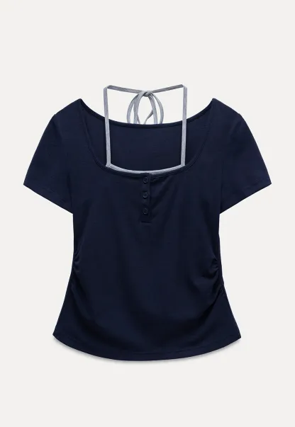 Women's Square-Neck Strappy Henley Tee