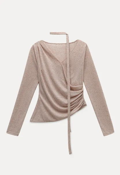 Asymmetrical rap-front draped knit top