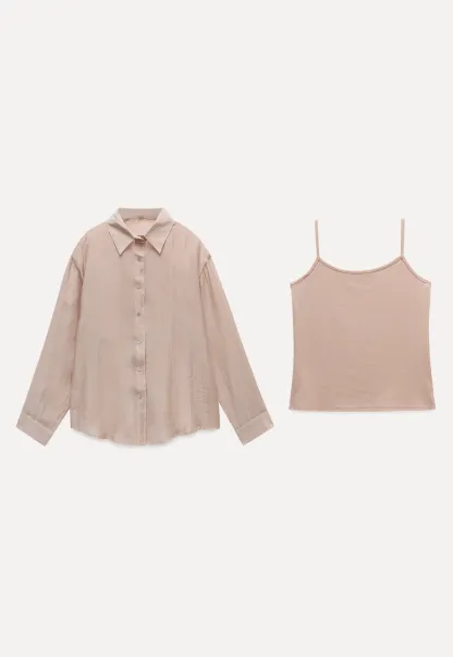 Women’s Button-up Shirt with Rolled Sleeves And Camis