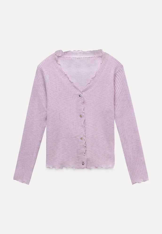 Women Ruffle Ribbed Knit Button Cardigan