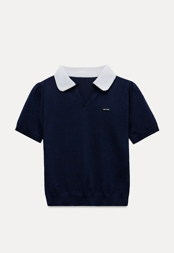 Women Contrast Collar Knit Polo Top