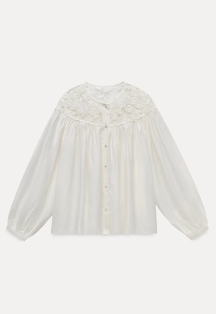 Women Lace Yoke Bishop Sleeve Button Down Blouse