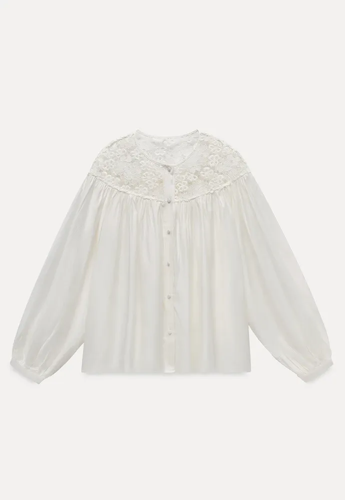 Women Lace Yoke Bishop Sleeve Button Down Blouse