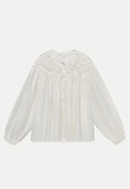 Women Lace Yoke Bishop Sleeve Button Down Blouse