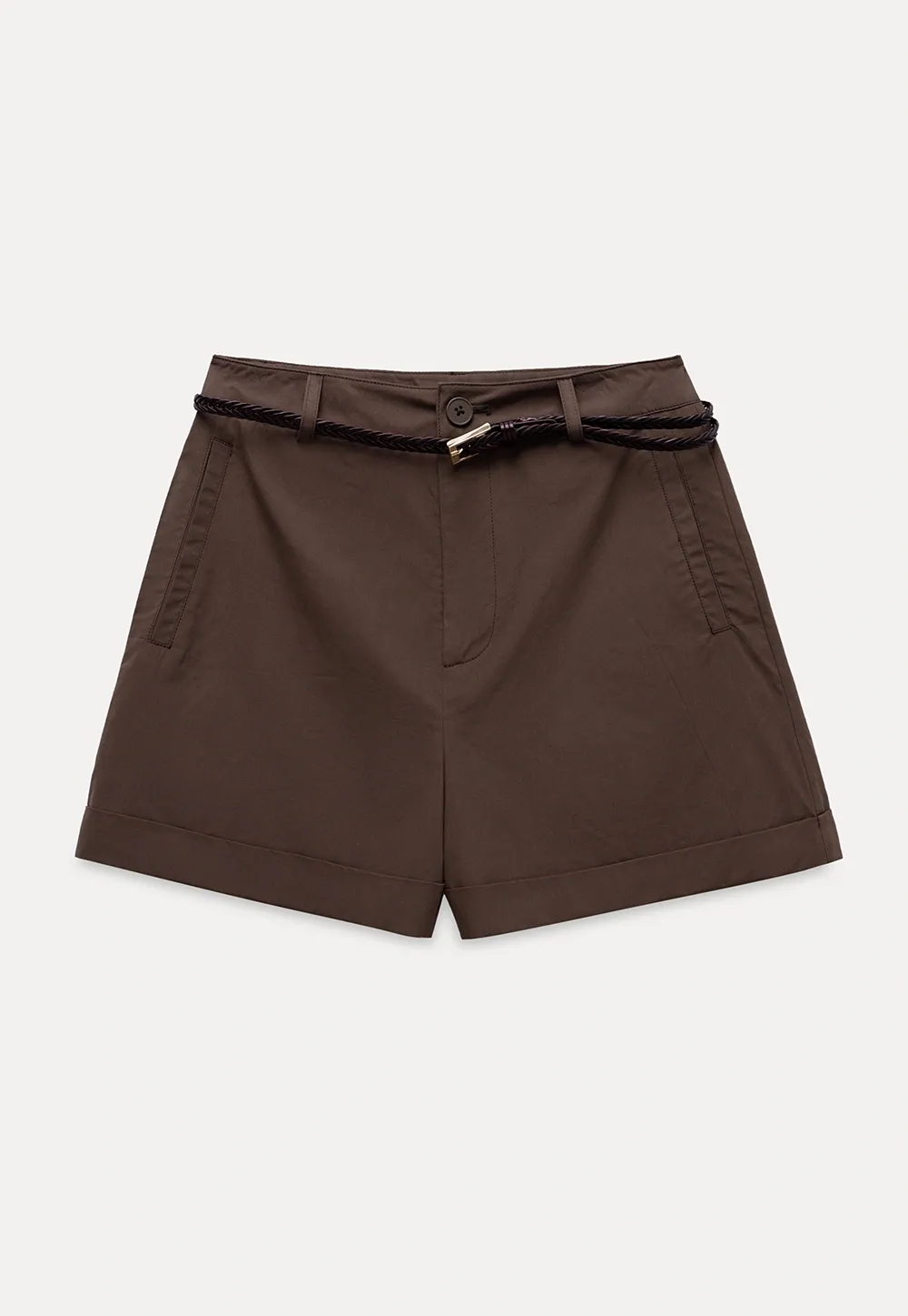 Women High Waist Belted Cuffed Chino Shorts with Pocke