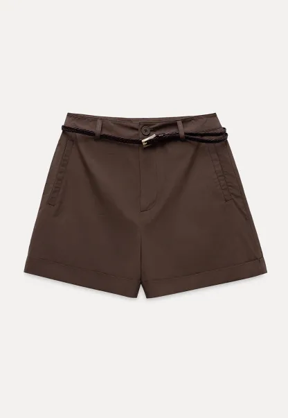 Women High Waist Belted Cuffed Chino Shorts with Pocke