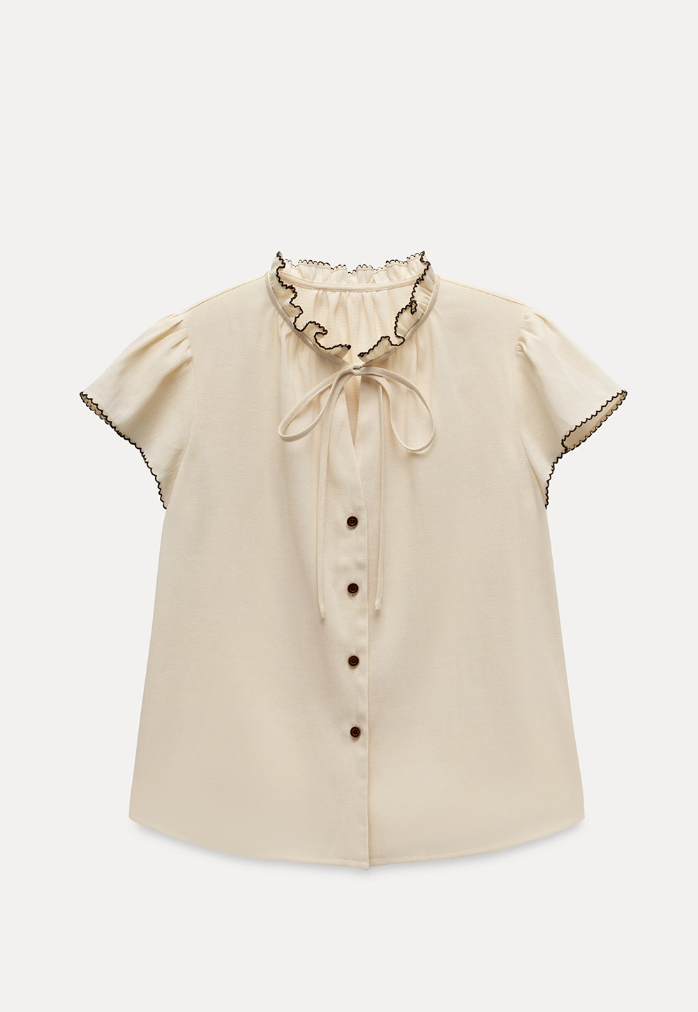 Women Ruffle Tie Neck Flutter Sleeve Button Down Blouse
