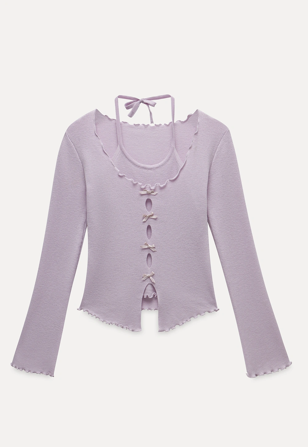 Women Long Sleeve Bow Front Split Hem Lettuce Trim Knit Top