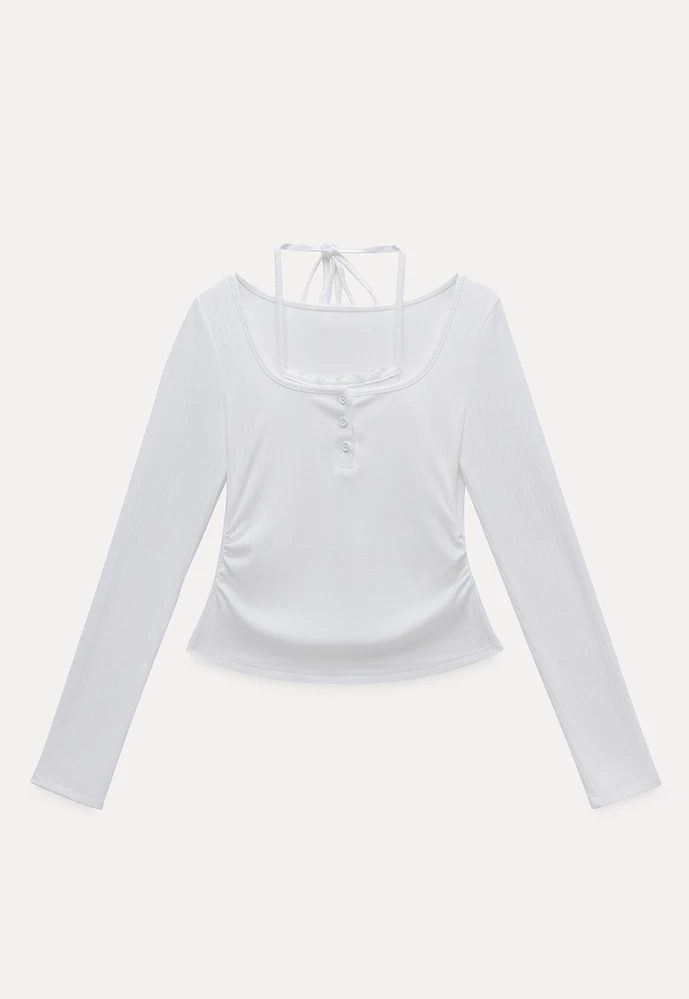 Long Sleeve Square Neck Halter Crop Top