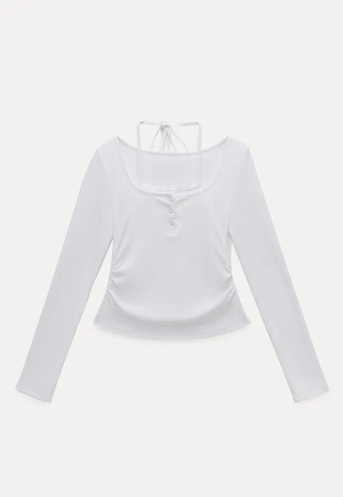 Long Sleeve Square Neck Halter Crop Top