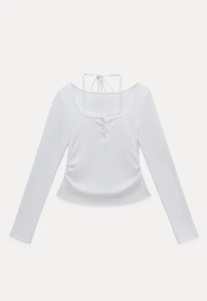 Long Sleeve Square Neck Halter Crop Top