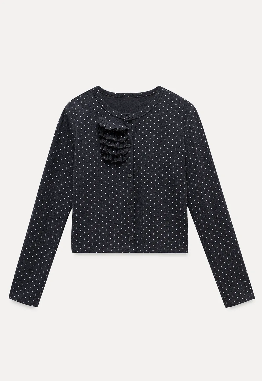 Polka Dot Ruffle Button-Up Cardigan