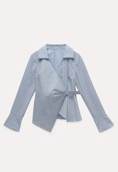 Women's Striped Wrap Shirt with Side Buckle