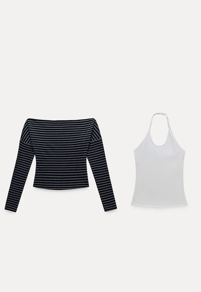 Striped Off Shoulder Top & Halter Cami