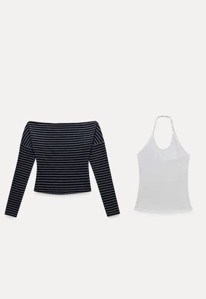 Striped Off Shoulder Top & Halter Cami