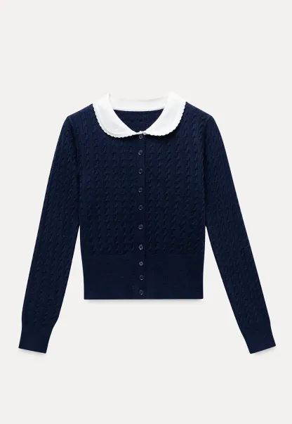 Women's Contrast-Collar Cable-Knit Cardigan