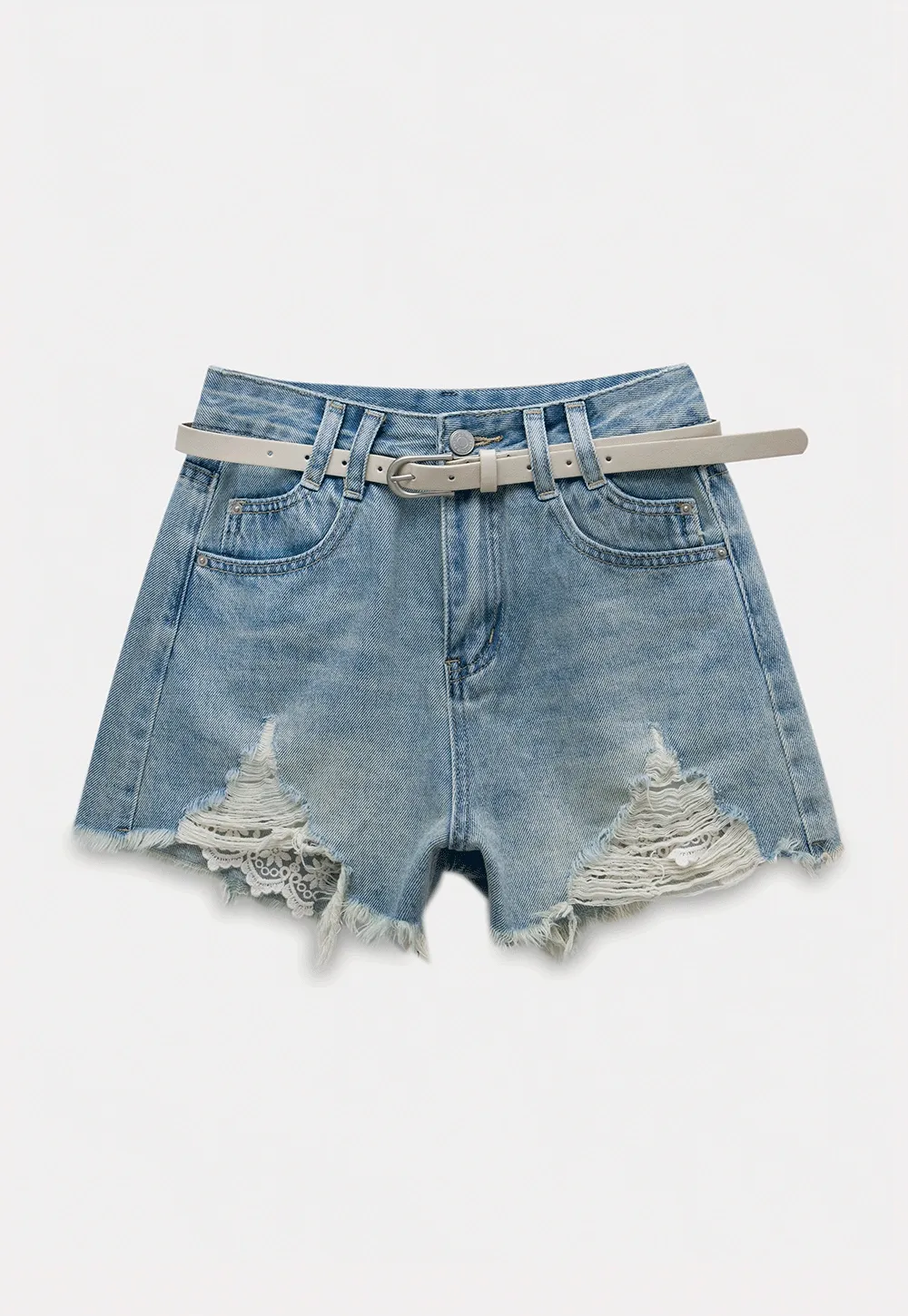 Women’s High‑Waist Ripped Lace Denim Shorts