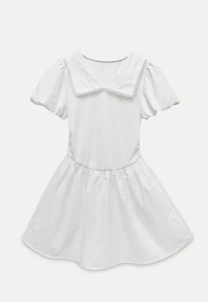 French V-Neck Puff Sleeve White Dress