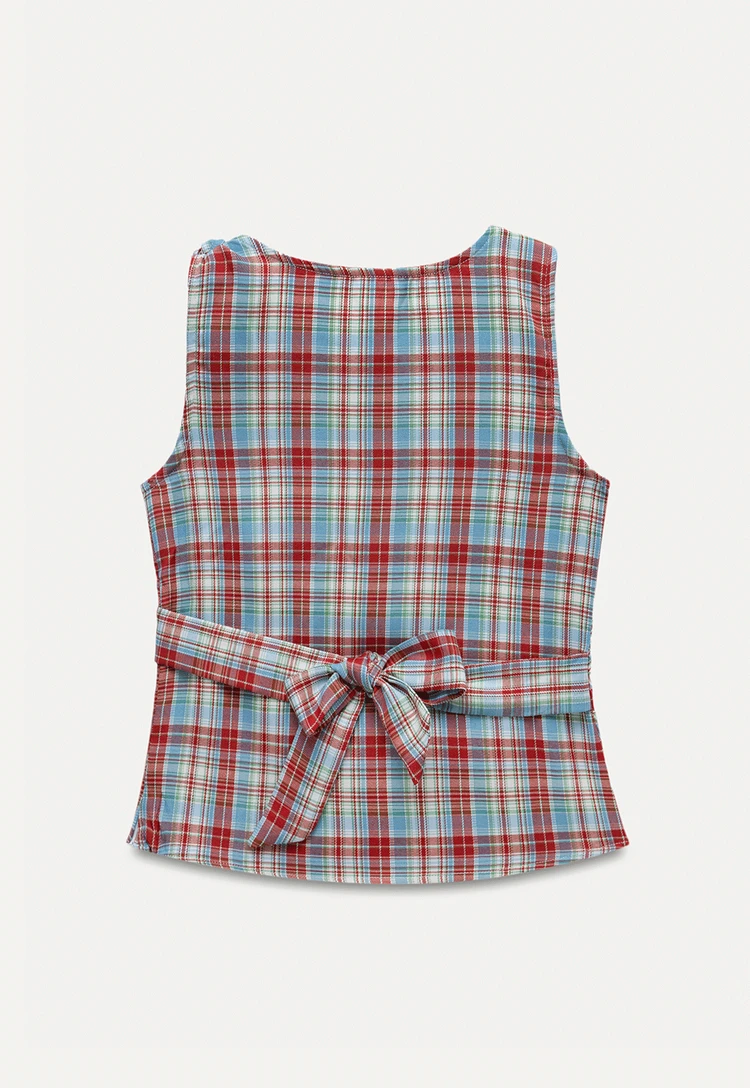 Plaid Sleeveless Top with Side Tie
