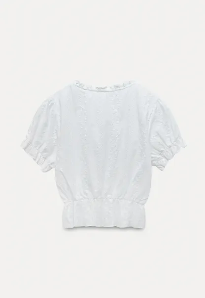 Women’s Tie-Neck Puff-Sleeve Lace Peplum Blouse