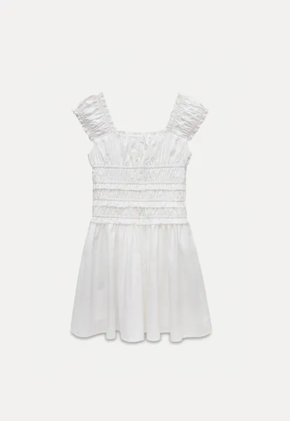 Women’s White Ruched Puff Sleeve Dress
