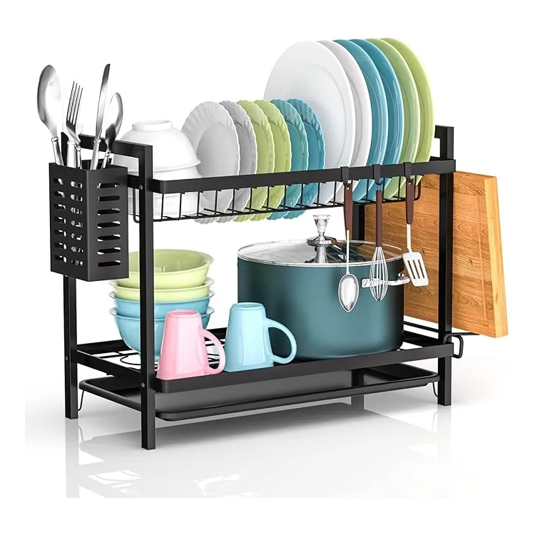 Egoutoire Vaisselle Cuisine Noir à 2 Niveaux avec Égouttoir Support pour Couverts, Planche À Découper sur Évier, Égouttoir À Vaisselle pour Assiette, d'égouttoir à Vaisselle Compact à pour la Cuisine