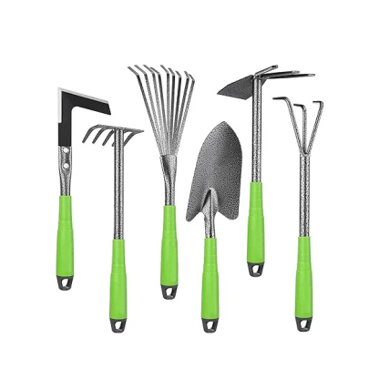 Outils de Jardinage 6 Pièces, Kit d'outils de Jardin en Acier Inoxydable avec Houe 2-en-1, Treulle, Râteaux, Couteau Désherbeur, Finition Martelée, pour Taille et Entretien, Cadeaux de Jardin