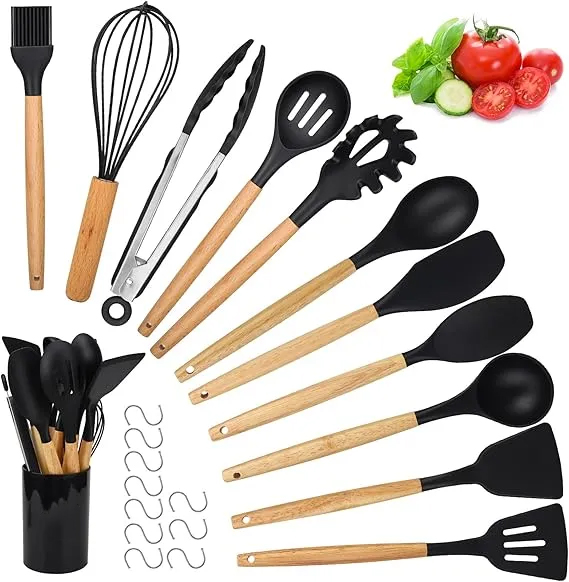Ustensiles de Cuisine en Silicone, 22 PCS Accessoire Cuisine Set sans BPA, Kit d'Ustensiles de Bois, Antiadhésive Set avec Pot de Rangement, Noir