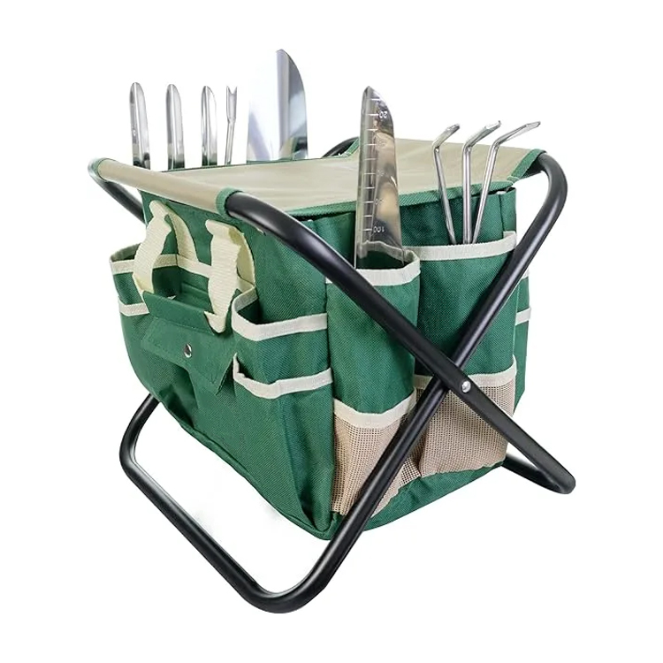  Kit Complet d'Outils de Jardinage - 7 Pièces, Acier Inoxydable Robuste, Tabouret Pliant Solide, Sac à Outils Détachable