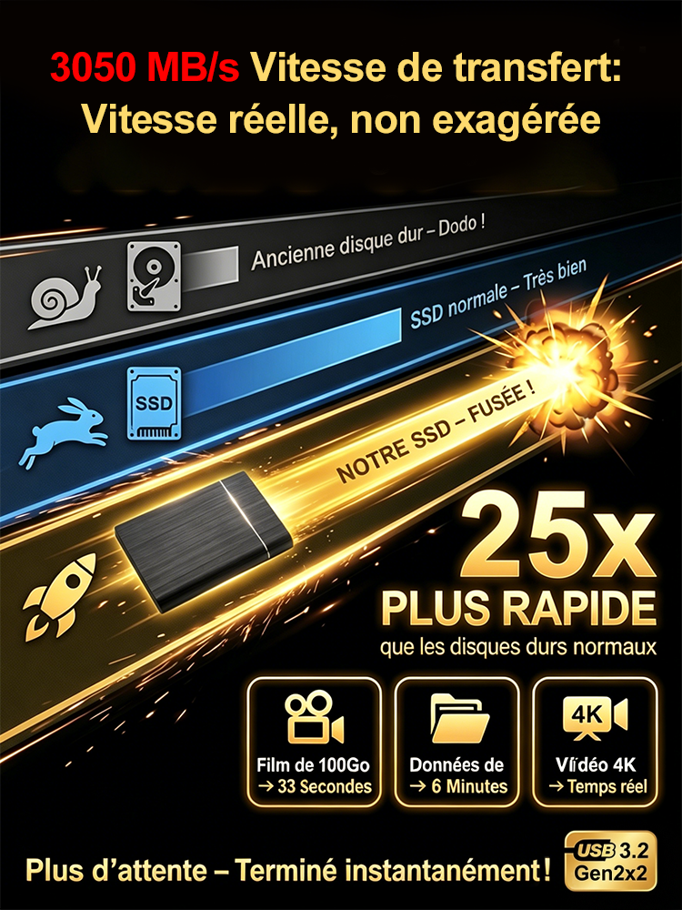 [Garantie 10 Ans] SSD Externe Portable Pro 32To | Vitesse 3050 Mo/s 🚀 | IP54 Résistant Eau et Chocs | Compatible Tous Appareils | Données 100% Protégées 🛡️