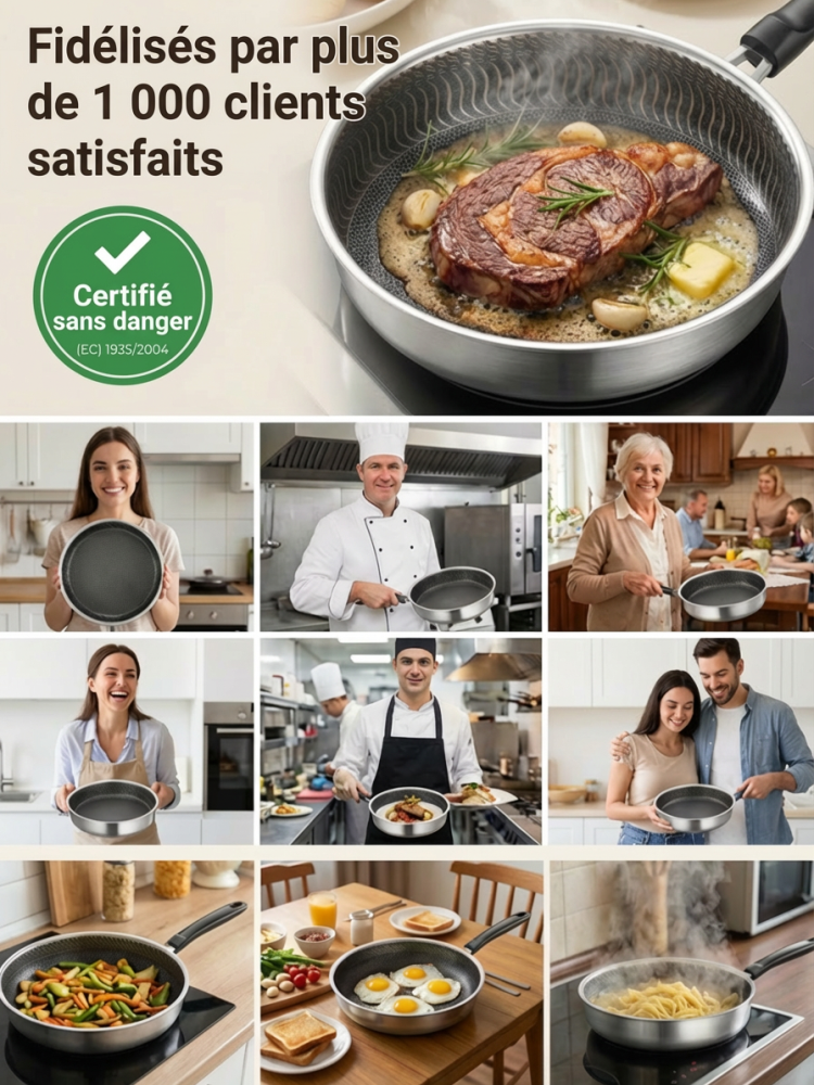 Poêle Inox Hybride 28/30cm | Structure Nid d'Abeille Saine | Manche Isolant Bakélite | Couvercle Inclus 🍳🥘