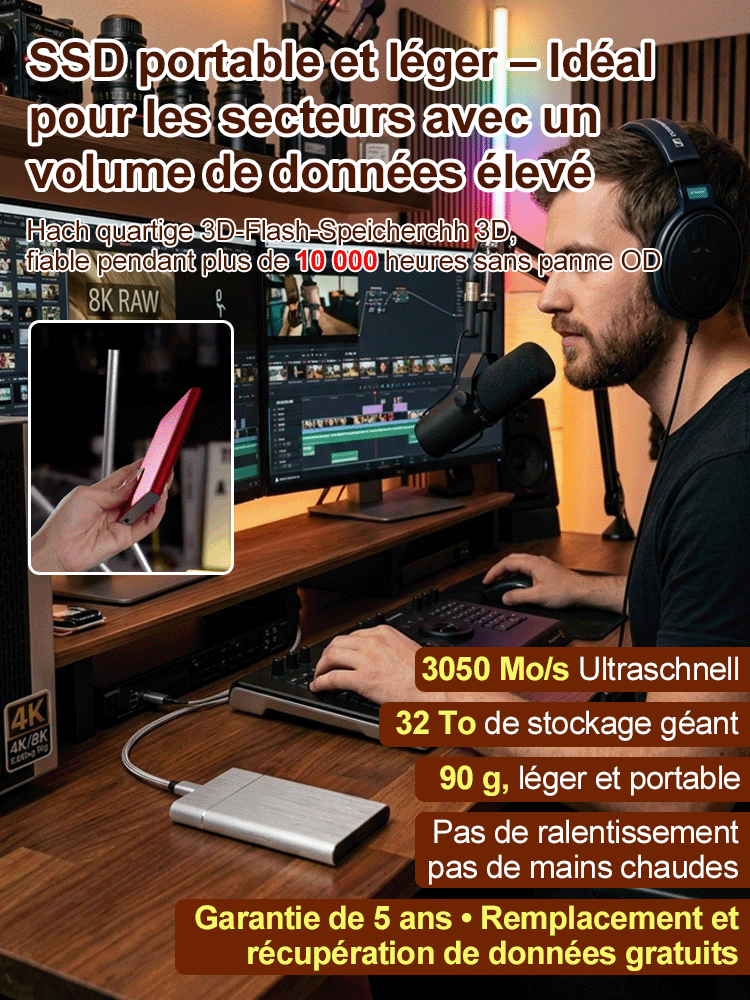 [Garantie 10 Ans] SSD Externe Portable Pro 32To | Vitesse 3050 Mo/s 🚀 | IP54 Résistant Eau et Chocs | Compatible Tous Appareils | Données 100% Protégées 🛡️