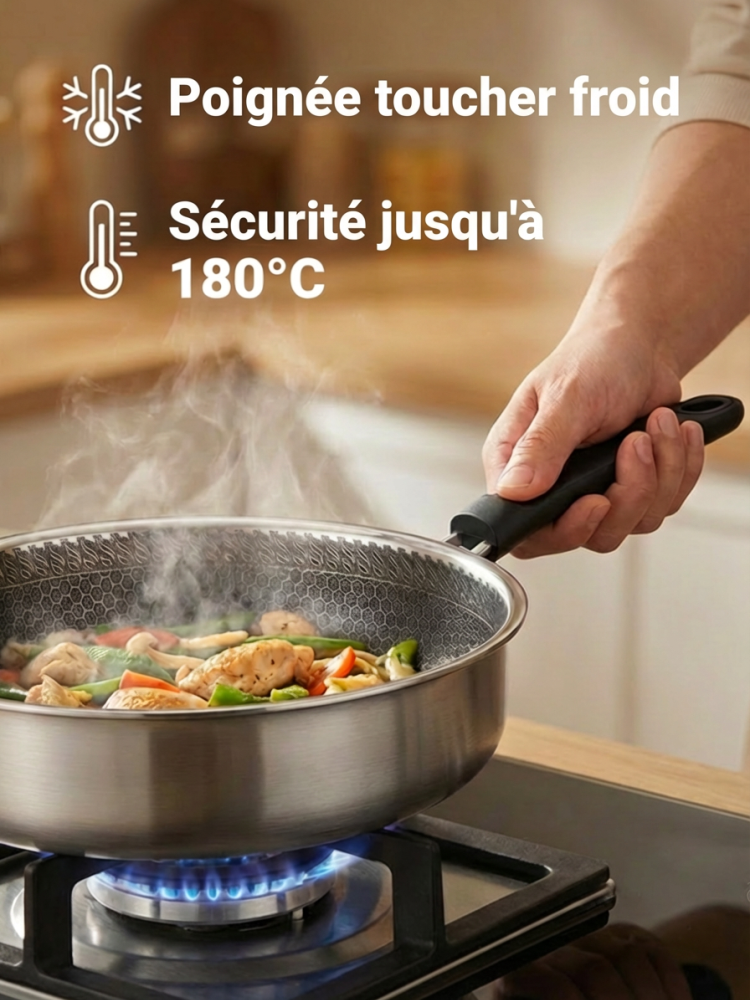 Poêle Inox Hybride 28/30cm | Structure Nid d'Abeille Saine | Manche Isolant Bakélite | Couvercle Inclus 🍳🥘