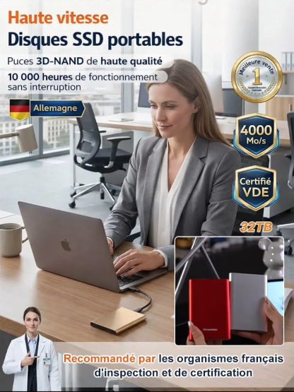 Coffre-Fort Numérique SSD 32To | 4000 Mo/s Haute Vitesse | Cryptage AES-256 Sécurité | Prêt à l'Emploi⚡