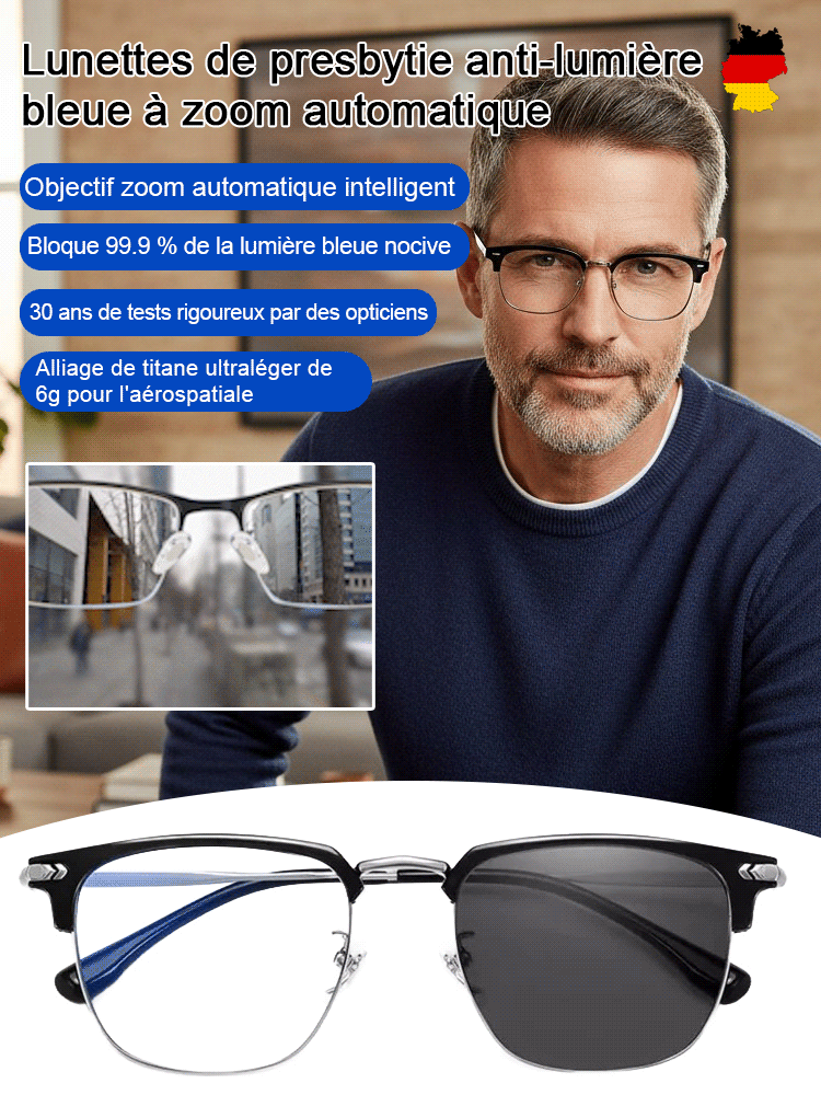 【Sans Ordonnance】Lunettes de Lecture Auto-Ajustables | Correction -10D à +10D | Ajustement en 0,01s | Certifiées CE | Ultra-légères 6g | Anti-lumière Bleue 👓