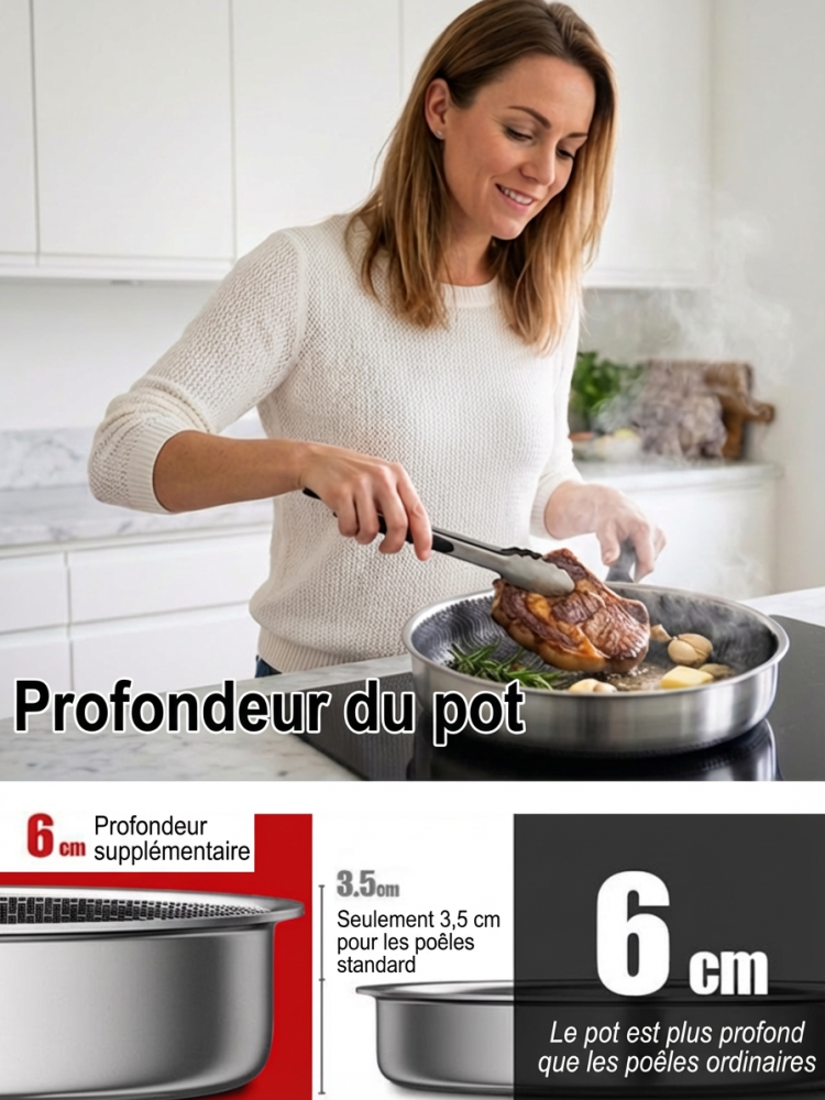 Poêle Inox Hybride 28/30cm | Structure Nid d'Abeille Saine | Manche Isolant Bakélite | Couvercle Inclus 🍳🥘
