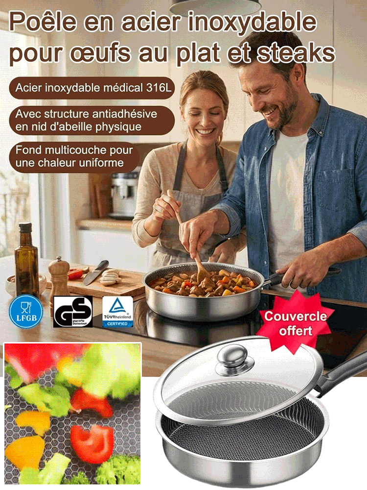 Poêle Inox Hybride 28/30cm | Structure Nid d'Abeille Saine | Manche Isolant Bakélite | Couvercle Inclus 🍳🥘