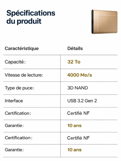 [Fini l'Abonnement Cloud] Disque Dur SSD Externe 32To | Vitesse 4000 Mo/s | Compatible PC Mac iPad | Étanche et Antichoc IP54 💾🚀