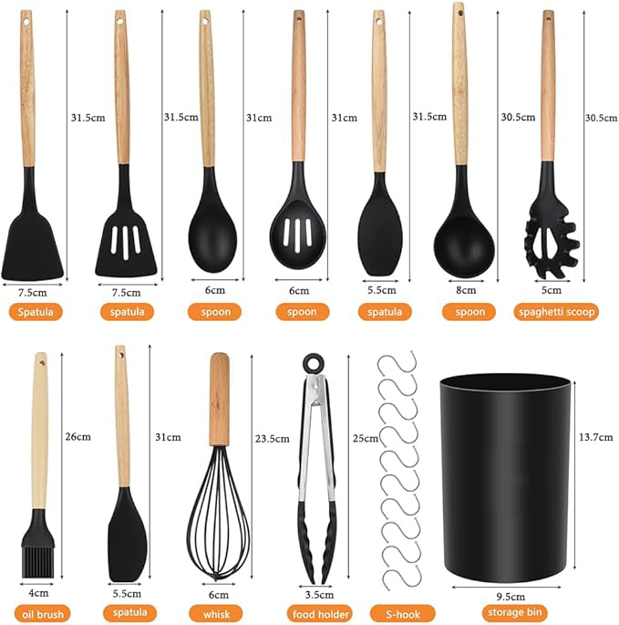 Ustensiles de Cuisine en Silicone, 22 PCS Accessoire Cuisine Set sans BPA, Kit d'Ustensiles de Bois, Antiadhésive Set avec Pot de Rangement, Noir