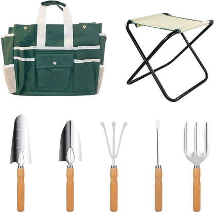  Kit Complet d'Outils de Jardinage - 7 Pièces, Acier Inoxydable Robuste, Tabouret Pliant Solide, Sac à Outils Détachable