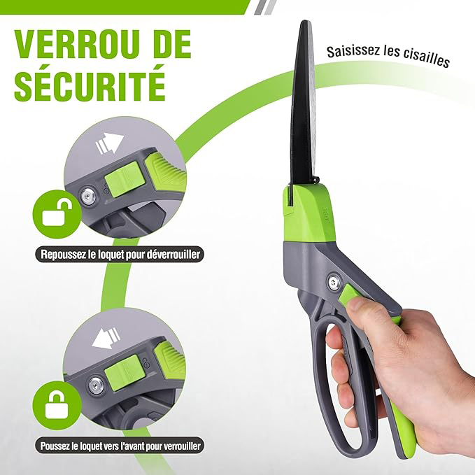 Cisaille à Gazon Rotative 360°, Cisaille Orientable avec Verrou de Sécurité, Poignée Ergonomique, Outil de Jardinage pour Pelouse, Plantes, Bonsaïs et Bordures