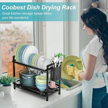 Egoutoire Vaisselle Cuisine Noir à 2 Niveaux avec Égouttoir Support pour Couverts, Planche À Découper sur Évier, Égouttoir À Vaisselle pour Assiette, d'égouttoir à Vaisselle Compact à pour la Cuisine