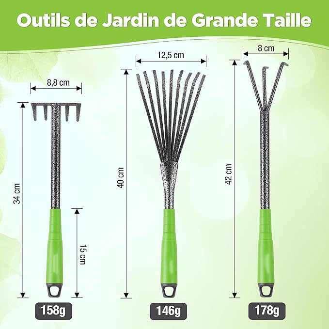 Outils de Jardinage 6 Pièces, Kit d'outils de Jardin en Acier Inoxydable avec Houe 2-en-1, Treulle, Râteaux, Couteau Désherbeur, Finition Martelée, pour Taille et Entretien, Cadeaux de Jardin