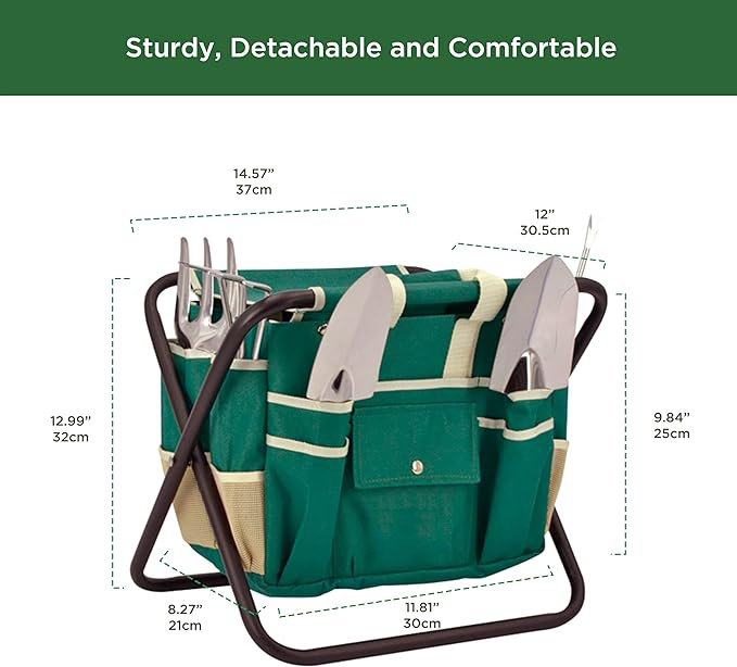  Kit Complet d'Outils de Jardinage - 7 Pièces, Acier Inoxydable Robuste, Tabouret Pliant Solide, Sac à Outils Détachable