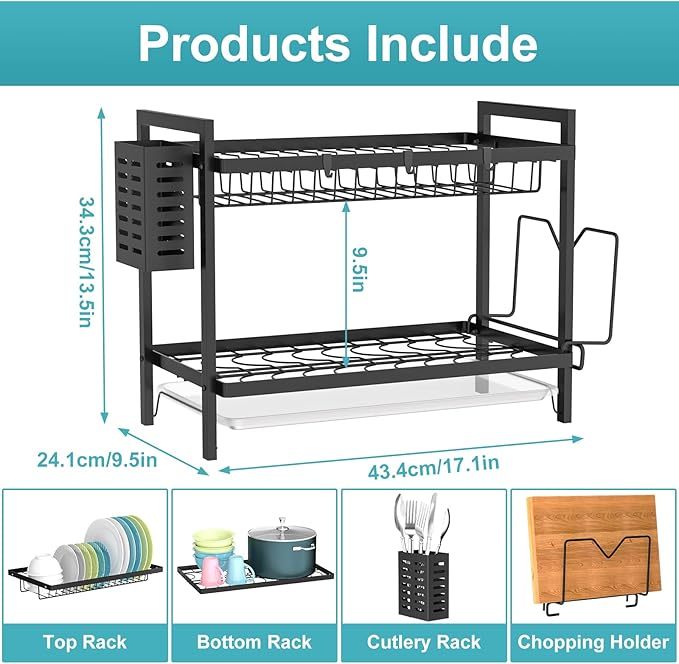 Egoutoire Vaisselle Cuisine Noir à 2 Niveaux avec Égouttoir Support pour Couverts, Planche À Découper sur Évier, Égouttoir À Vaisselle pour Assiette, d'égouttoir à Vaisselle Compact à pour la Cuisine