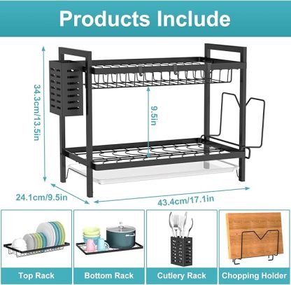 Egoutoire Vaisselle Cuisine Noir à 2 Niveaux avec Égouttoir Support pour Couverts, Planche À Découper sur Évier, Égouttoir À Vaisselle pour Assiette, d'égouttoir à Vaisselle Compact à pour la Cuisine