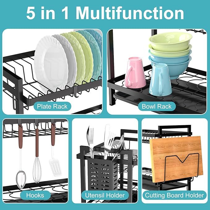 Egoutoire Vaisselle Cuisine Noir à 2 Niveaux avec Égouttoir Support pour Couverts, Planche À Découper sur Évier, Égouttoir À Vaisselle pour Assiette, d'égouttoir à Vaisselle Compact à pour la Cuisine